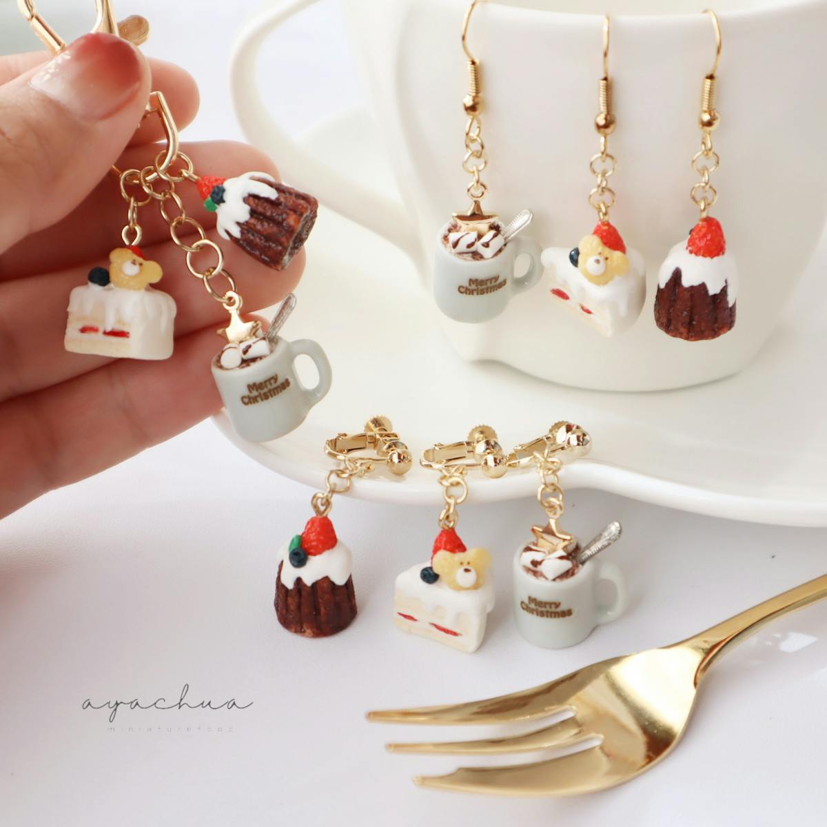 いちごのスイーツとマシュマロラテのイヤリング／ピアス | ミニチュア